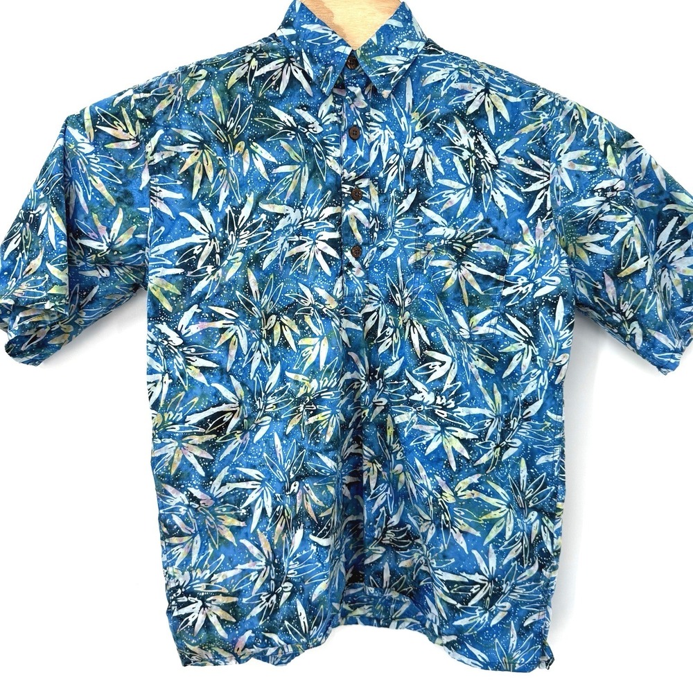 Pete Huntington Shirt Mens Small Blue Batik Leaf Print Cotton Short Sleeve Bali